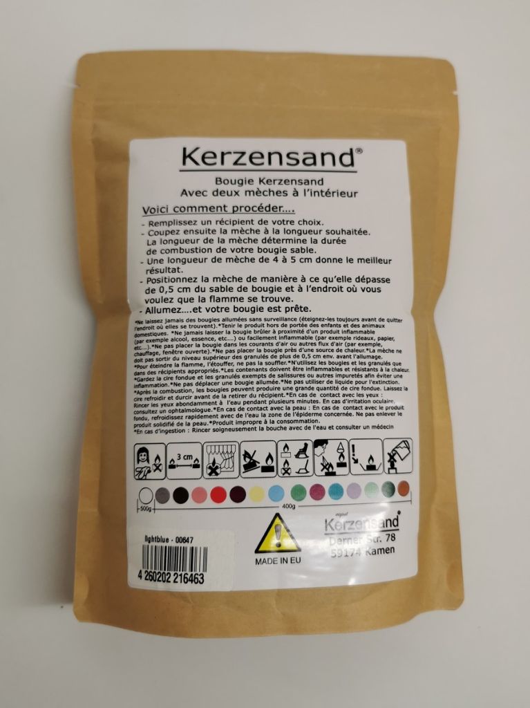 SACHET DE SABLE DE BOUGIE COULEUR BLEU CLAIR + 2 MECHES 400GRS - Photo N°2