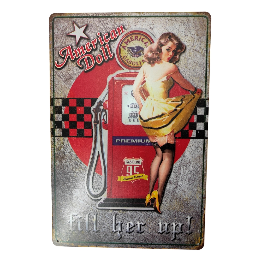 PLAQUE METAL MURALE 20X30 CM POMPE A ESSENCE ET PIN-UP - Photo N°1