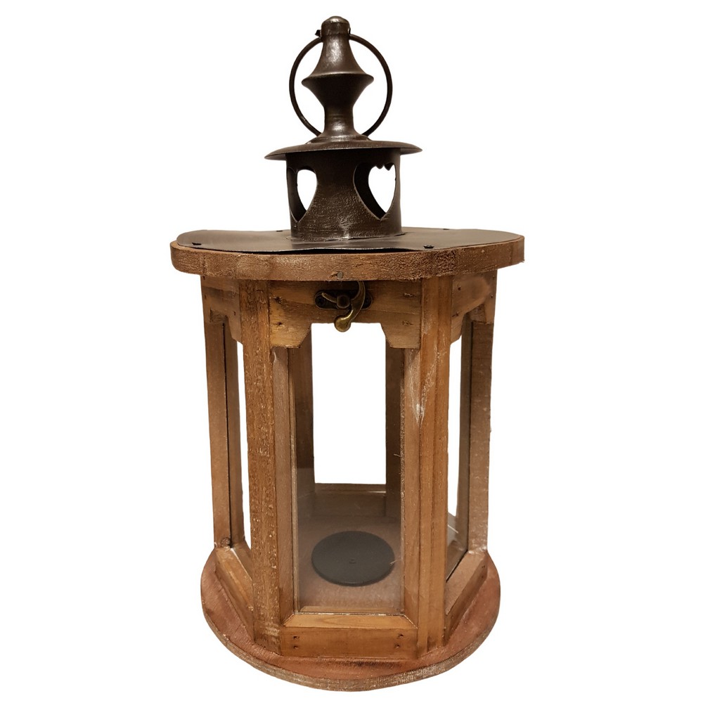 LANTERNE BOIS RONDE DESSUS METAL COEURS - Photo N°1