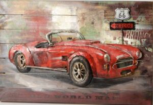 DECO MURALE BOIS ET FER VOITURE ROUGE 90 X 60 X 9 CM