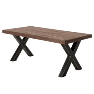 TABLE EN TECK MASSIF NATUREL RECYCLE PIED EN X METAL NOIR 220 X 100 X80 CM