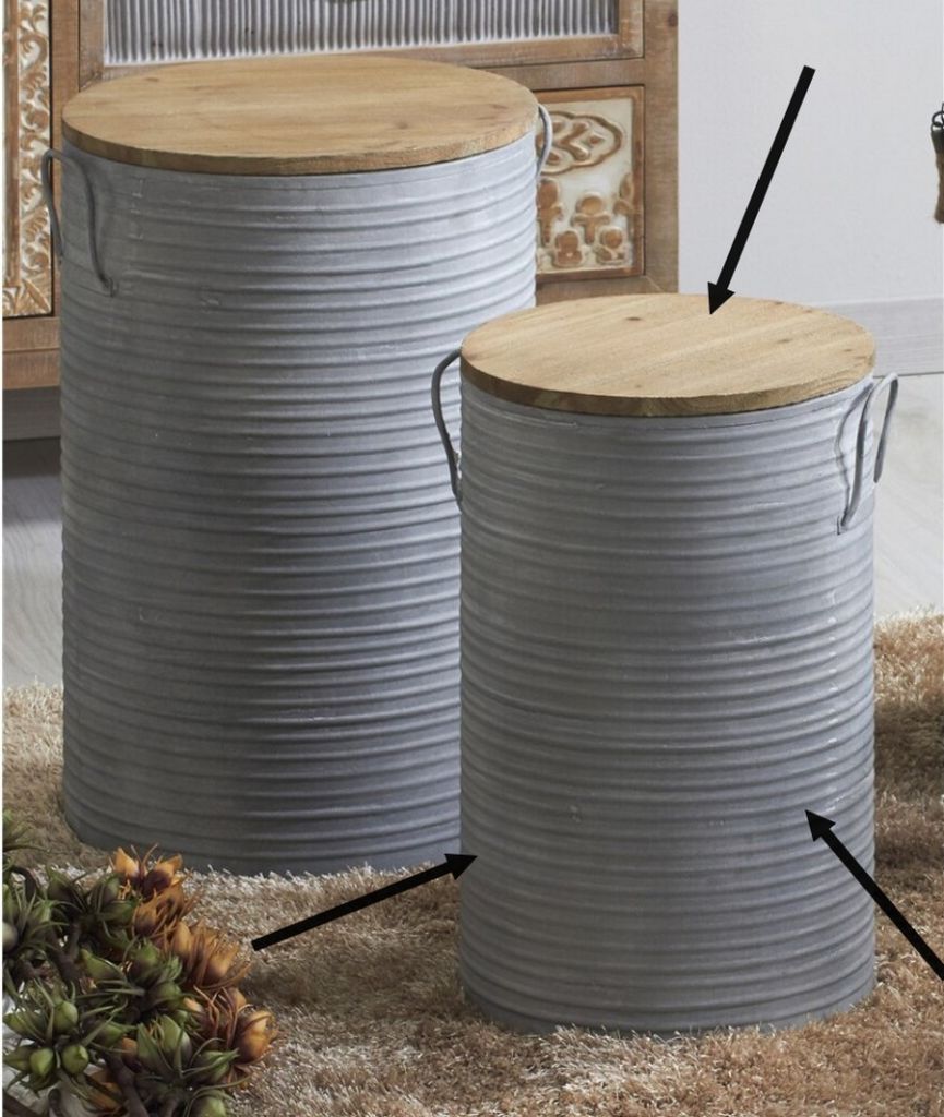 TABOURET SEAU METAL GRIS COUVERCLE AMOVIBLE BOIS 34 X 34 X 51 CM - Photo N°1