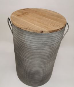 TABOURET SEAU METAL GRIS COUVERCLE AMOVIBLE BOIS 40 X 61 CM