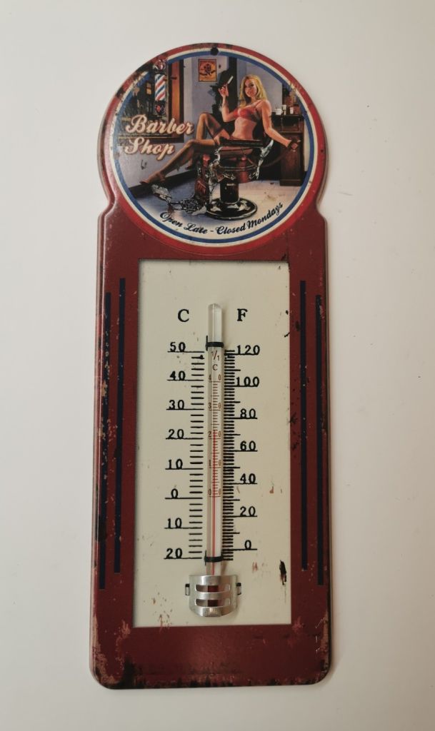 THERMOMETRE METAL BARBER SHOP FEMME ET FAUTEUIL DIM 10 X 29 CM - Photo N°1