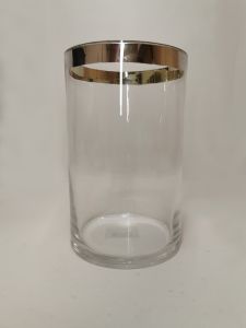 VASE EN VERRE DECORATIF CYLINDRIQUE BORD ARGENTE 12.5 x 20 cm