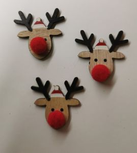 SACHET DE 12 STICKERS CARIBOU RIGOLO EN BOIS NATUREL ET ROUGE 3.5 X 3 CM
