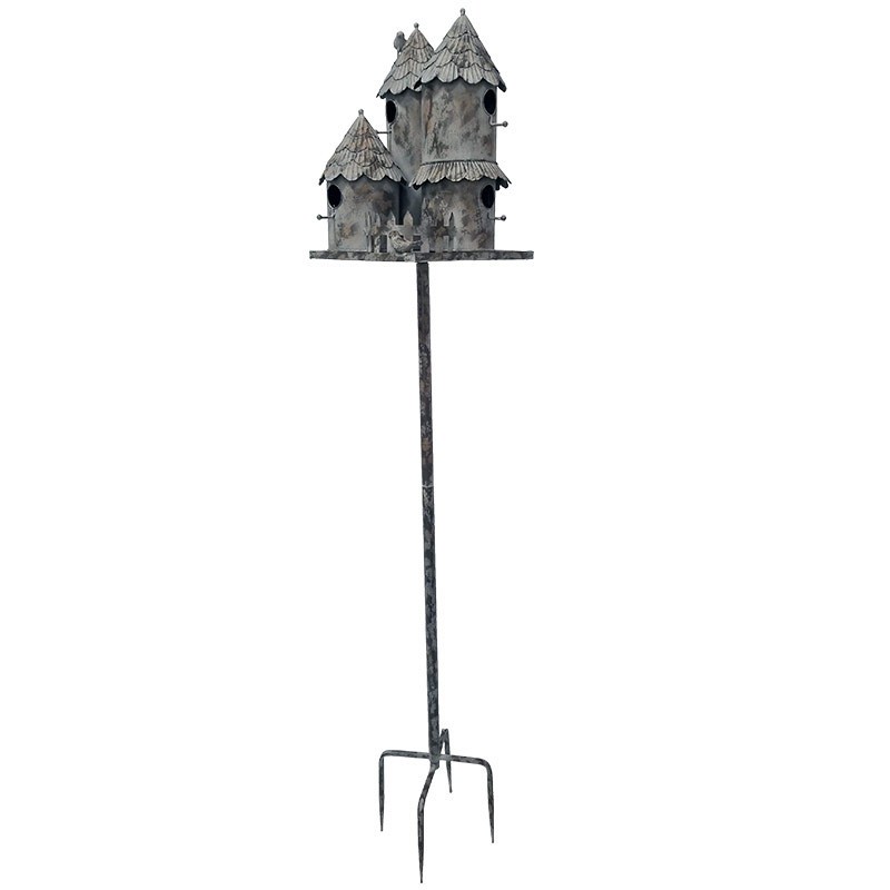 CABANE A OISEAUX EN METAL FORME MAISON SUR PIQUE 31 X 31 X 170 CM - Photo N°1