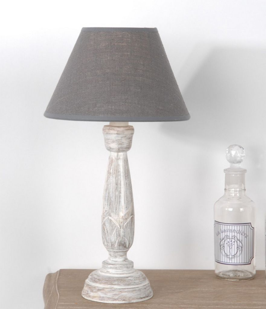 LAMPE COROLLA ABAT-JOUR LIN GRIS PIED BOIS H 36 CM - Photo N°1