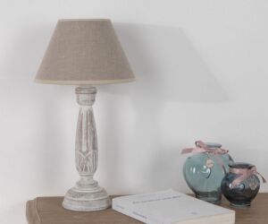 LAMPE COROLLA ABAT-JOUR LIN BEIGE PIED BOIS H 36 CM