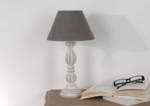LAMPE AGNES ABAT-JOUR LIN GRIS PIED BOIS H 36 CM