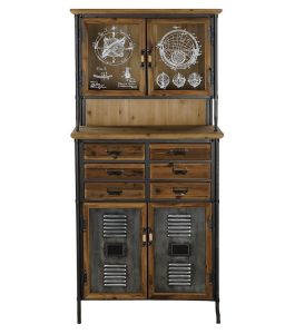 MEUBLE HAUT VITRINE METAL ET BOIS 4 PORTES 6 TIROIRS  77.5 X 166 X 37 CM