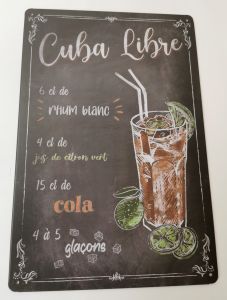 PLAQUE RECETTE DE COCKTAIL CUBA LIBRE EN METAL FOND NOIR 20 X 30 CM