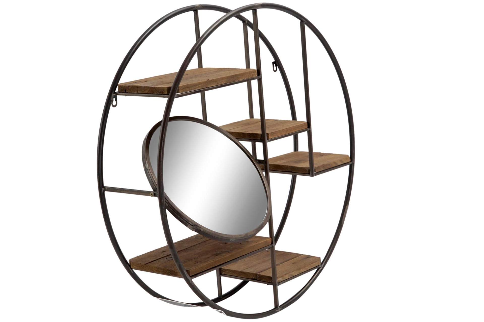 ETAGERE MURALE METAL BOIS ET MIROIR RONDE 70 X 70 X 18,5 CM - La Maison