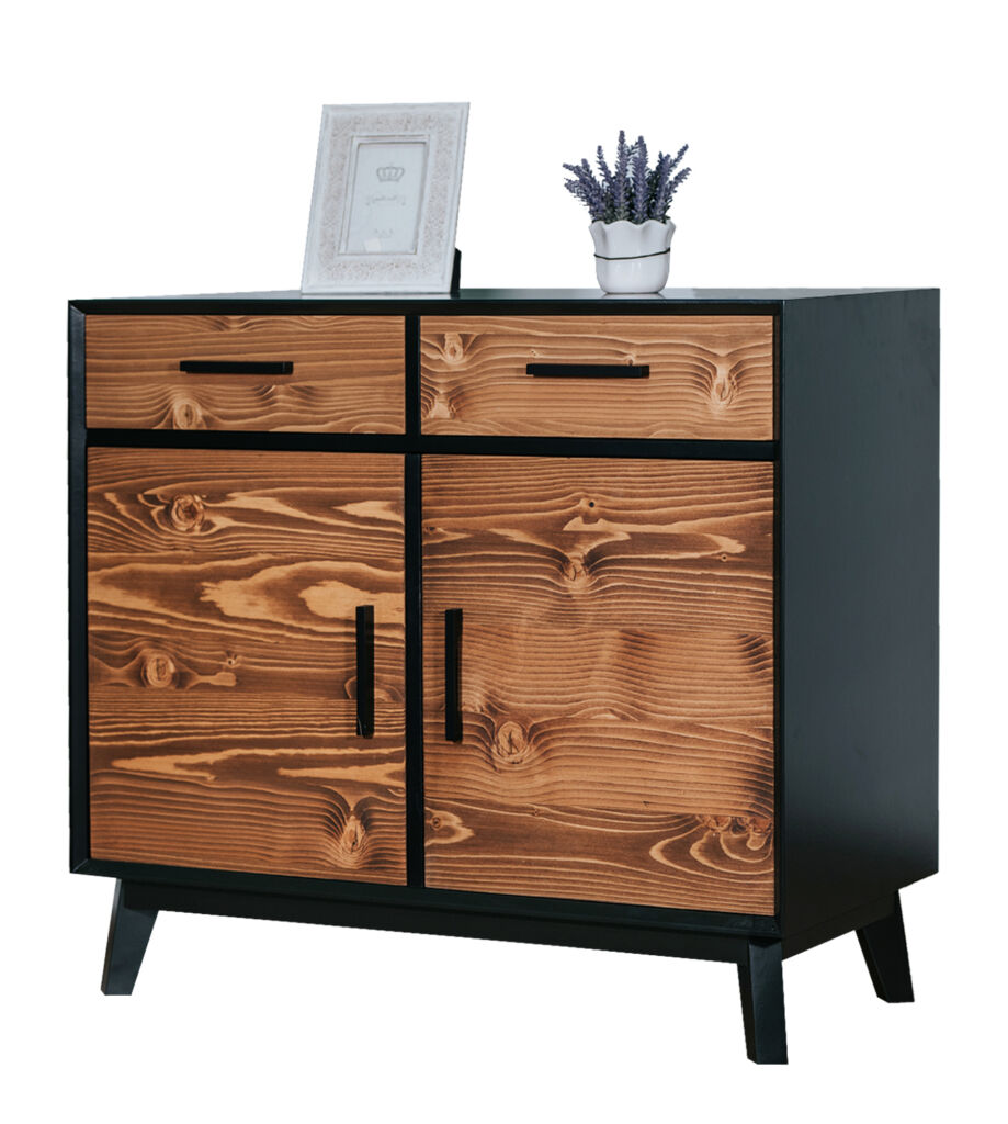 BAHUT 2 TIROIRS 2 PORTES PIN MASSIF BROSSE STRUCTURE EN MDF NOIR 98 X 45 X 85 CM - Photo N°1