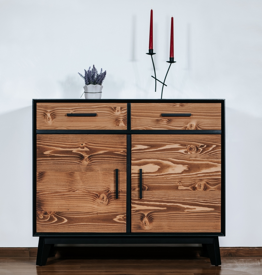 BAHUT 2 TIROIRS 2 PORTES PIN MASSIF BROSSE STRUCTURE EN MDF NOIR 98 X 45 X 85 CM - Photo N°2