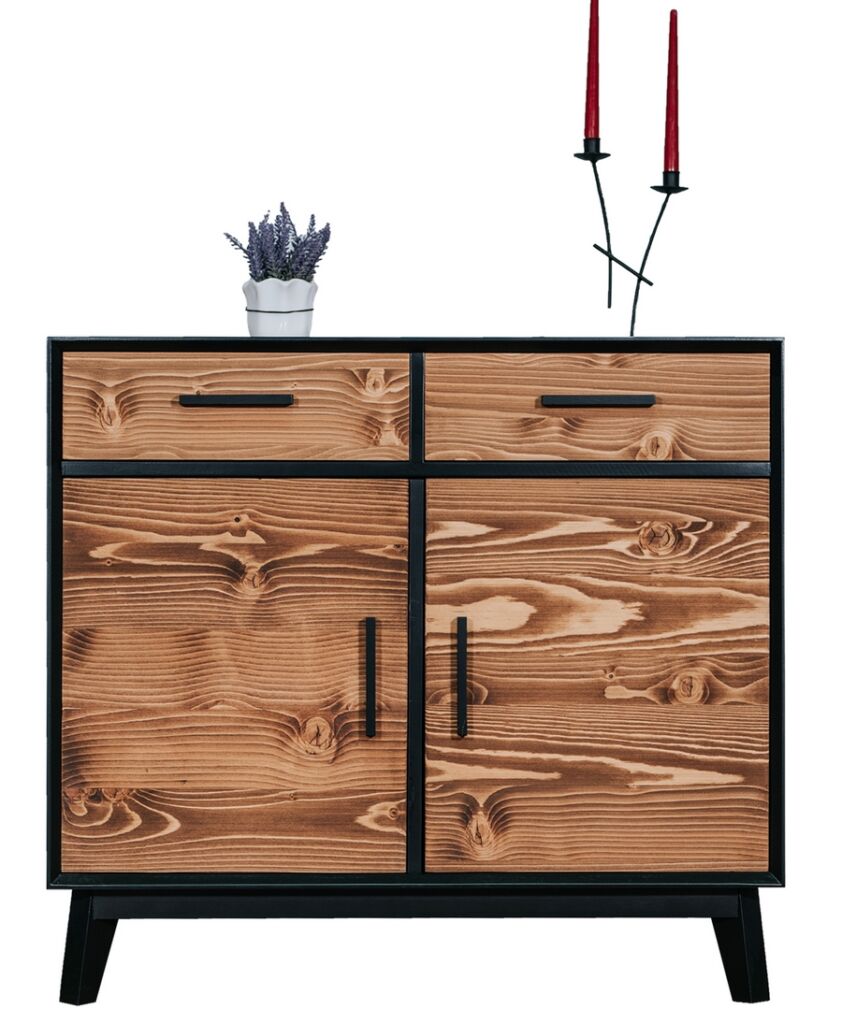 BAHUT 2 TIROIRS 2 PORTES PIN MASSIF BROSSE STRUCTURE EN MDF NOIR 98 X 45 X 85 CM - Photo N°3