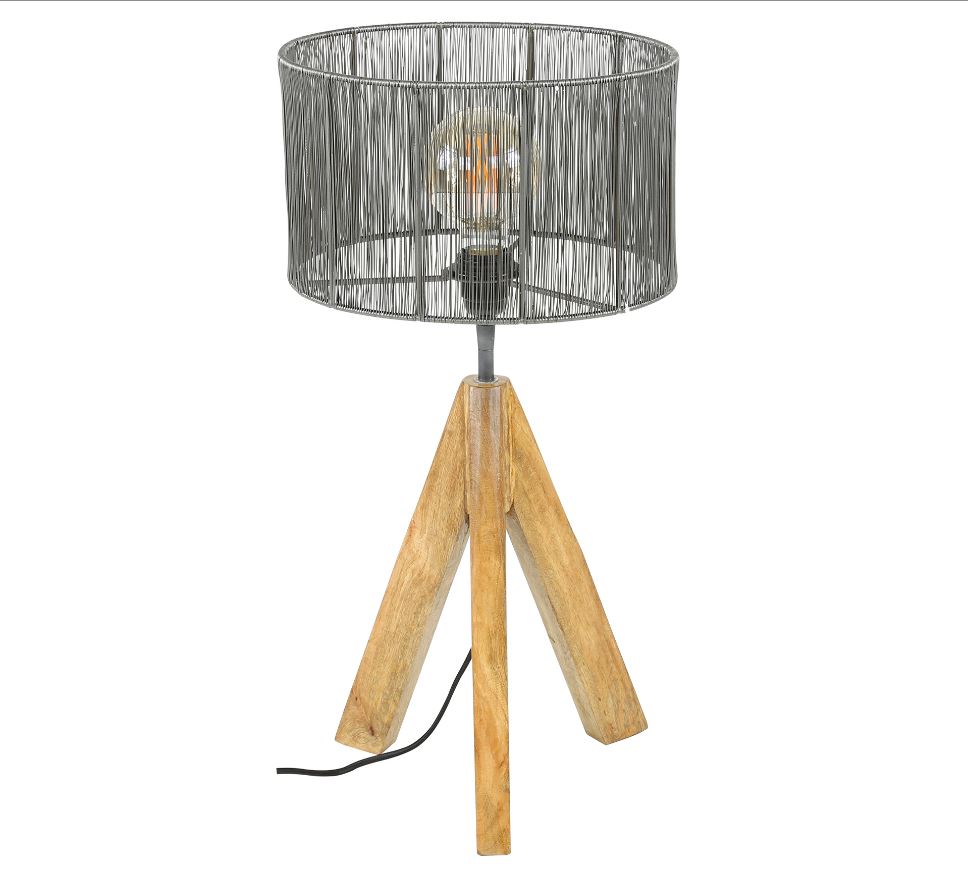 LAMPE SUR TREPIED EN BOIS DE MANGUIER ABAT JOUR EN FIL DE FER 30 x 30 x 65 cm - Photo N°3