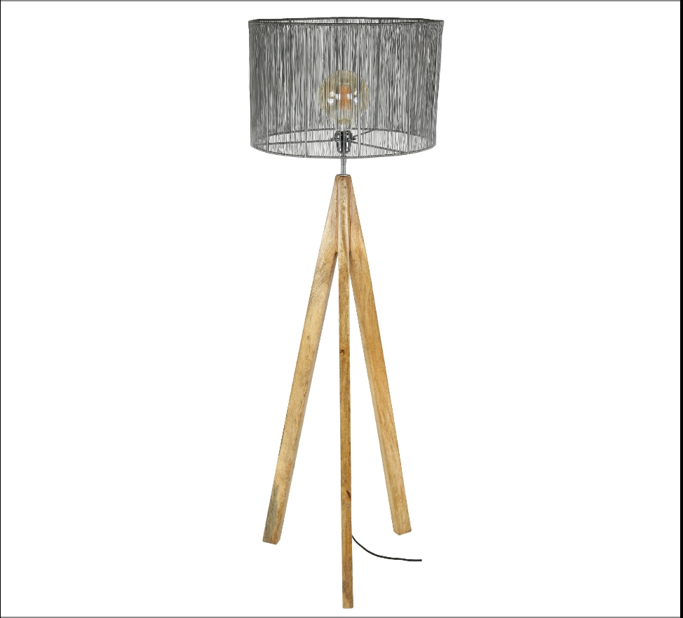 LAMPE SUR TREPIED EN BOIS DE MANGUIER ABAT JOUR EN FIL DE FER 46 x 46 x 145 cm - Photo N°3