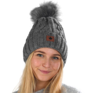 BONNET DOUBLURE POLAIRE POMPON ET REVERS COULEUR GRIS CLAIR 19 X 30 CM