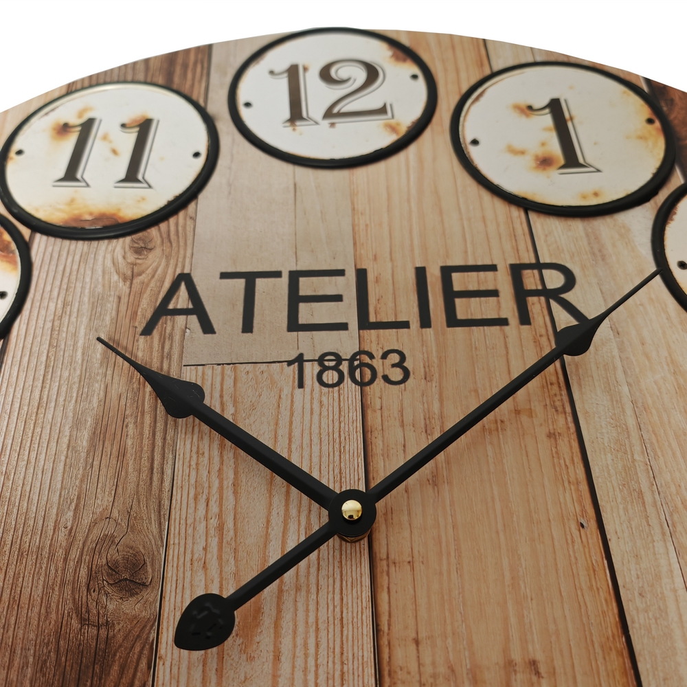 HORLOGE MURALE MDF 58 CM DECO FOND VIEUX PARQUET ATELIER - Photo N°3