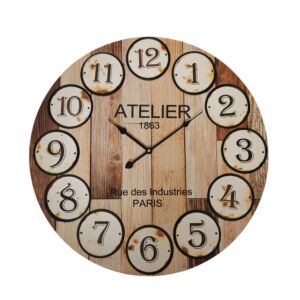 HORLOGE MURALE MDF 58 CM DECO FOND VIEUX PARQUET ATELIER