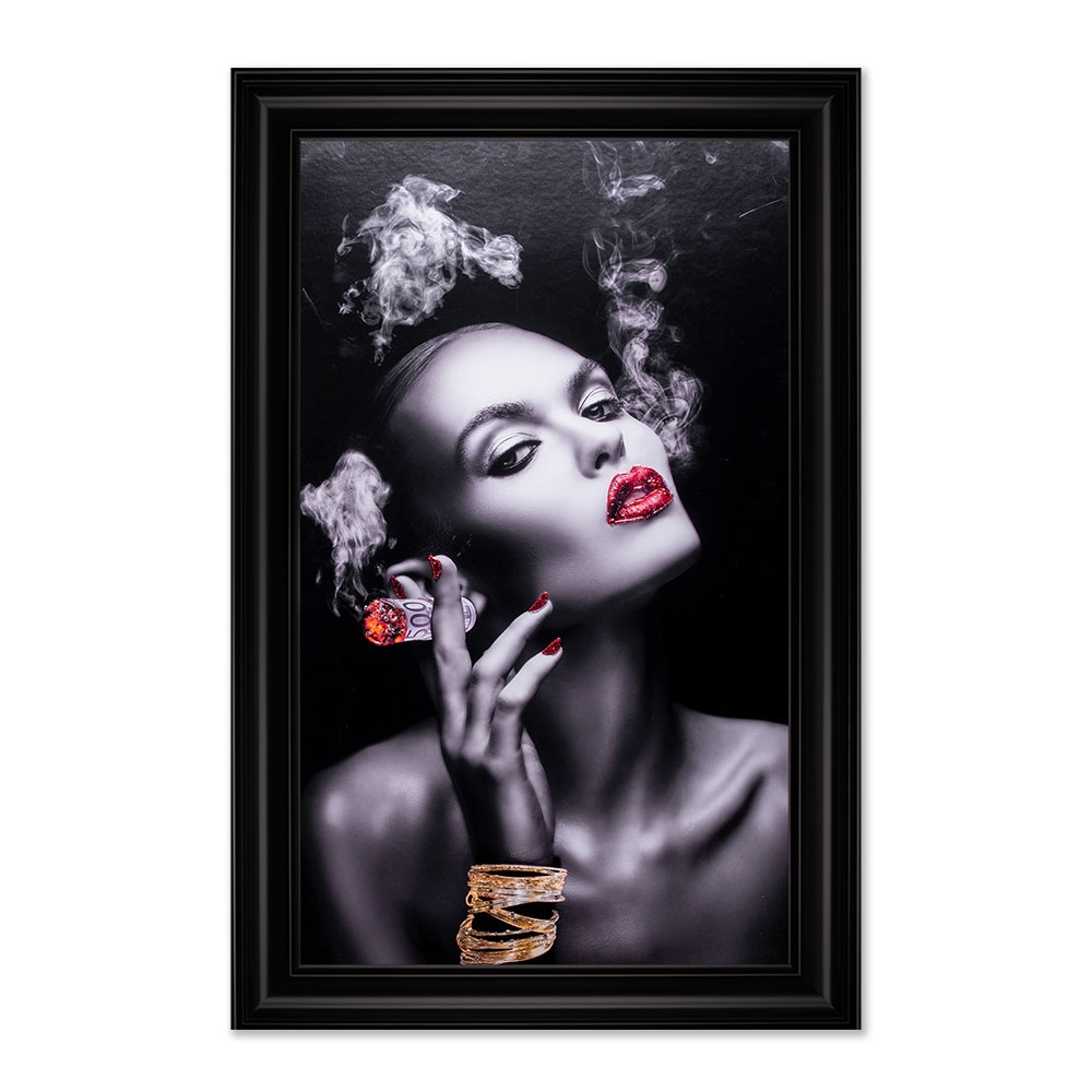 IMPRESSION FEMME FUMEUSE NOIR ET BLANC LIQUID GEL ET STRASS 76 X 116 CM - Photo N°1