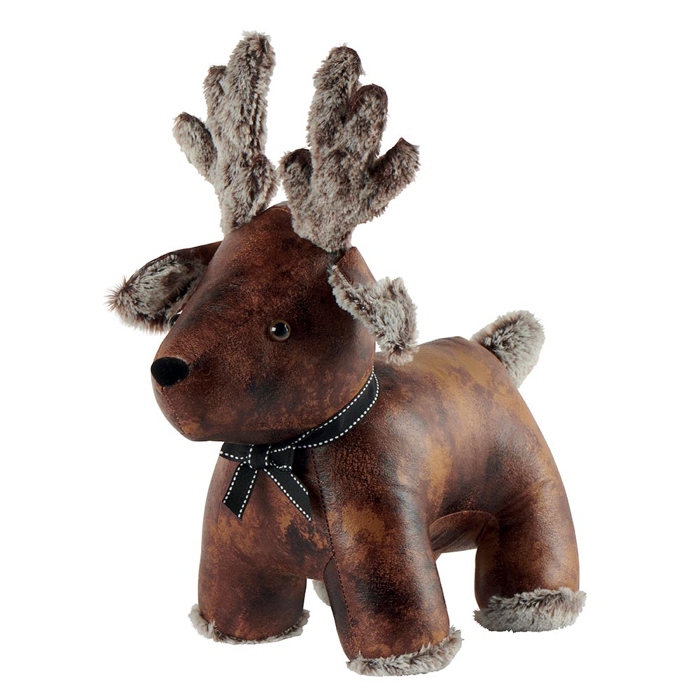BLOQUE PORTE CERF SIMILI CUIR ET PELUCHE GRISE 36 X 20 X 35 CM - Photo N°1