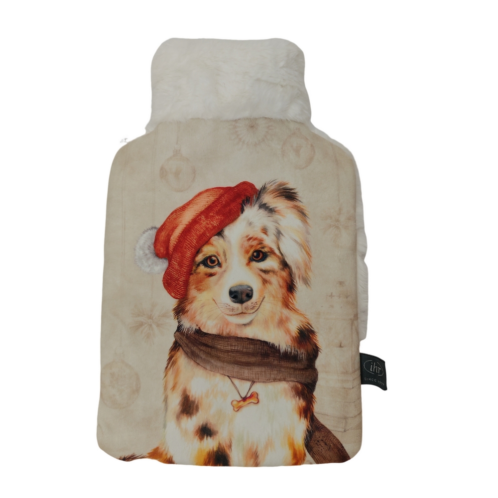 BOUILLOTTE CHIEN PERE NOEL EN FAUSSE FOURRURE CREME 20.5 X 34 CM - Photo N°1