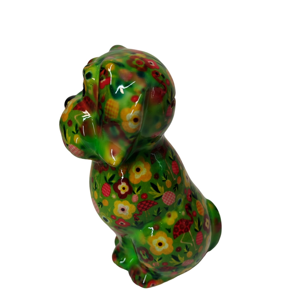 TIRELIRE CHIEN POMME PIDOU VERT ET FLEURS - Photo N°3