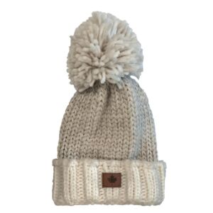 BONNET FEMME GROSSE LAINE ET POMPON COULEUR BEIGE ET BLANC 21 X 33 CM