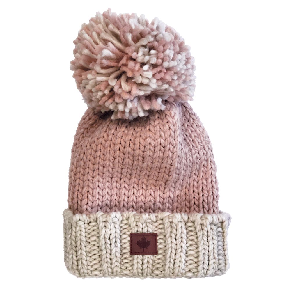 BONNET FEMME GROSSE LAINE ET POMPON COULEUR ROSE ET BEIGE 21 X 33 CM - Photo N°1