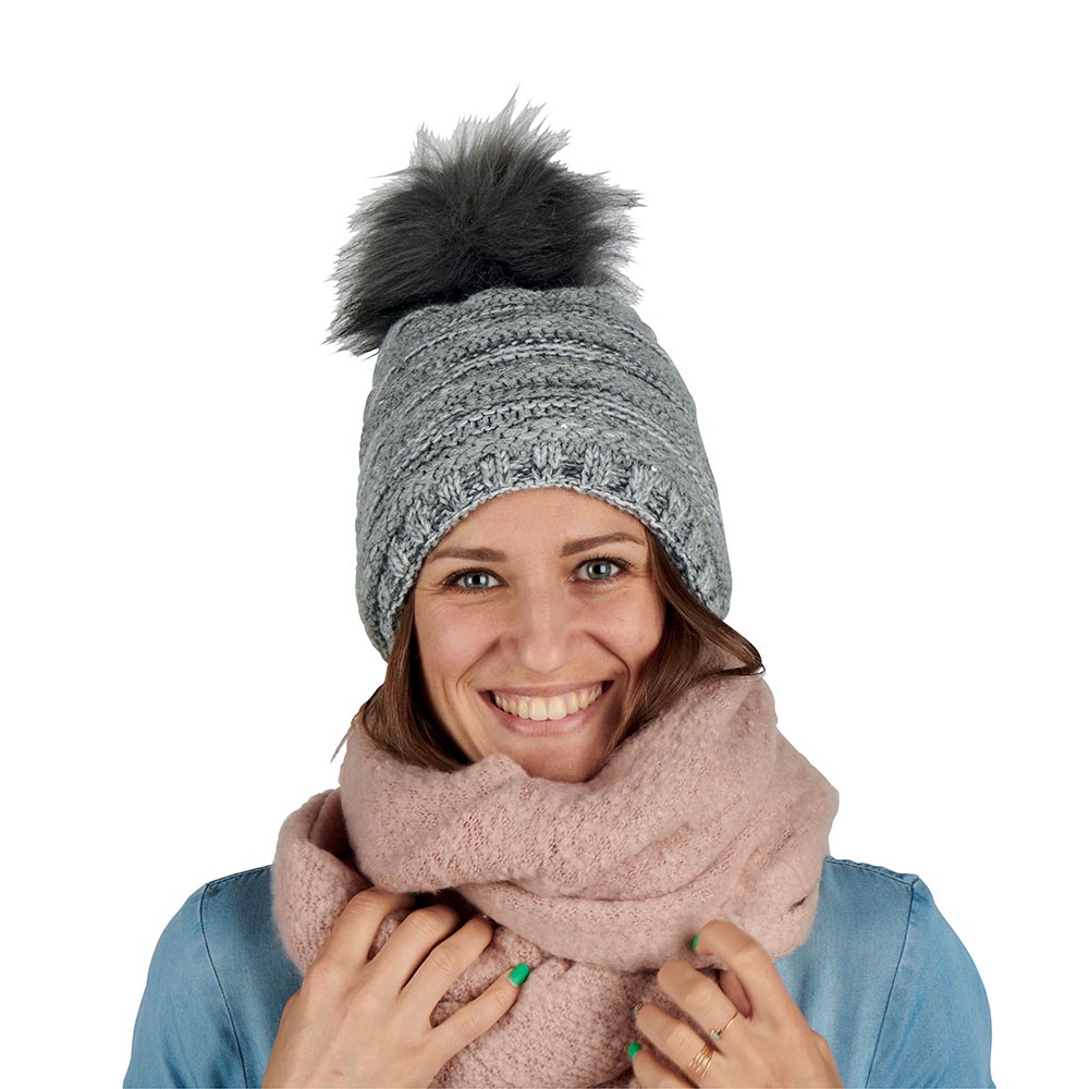 BONNET DOUBLURE POLAIRE POMPON COULEUR GRIS ET GRIS FONCE 24 X 30 CM - Photo N°4