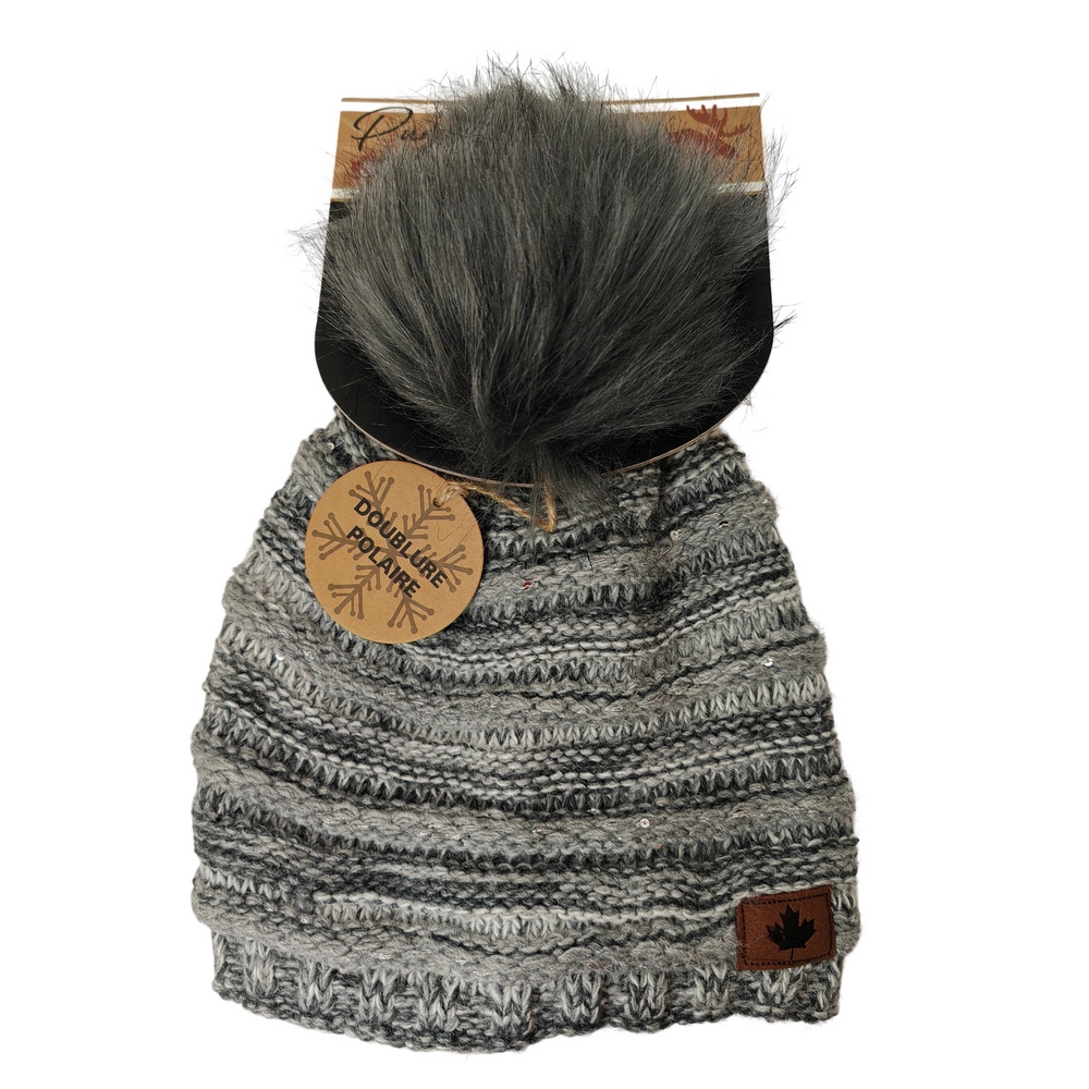 BONNET DOUBLURE POLAIRE POMPON COULEUR GRIS ET GRIS FONCE 24 X 30 CM - Photo N°1