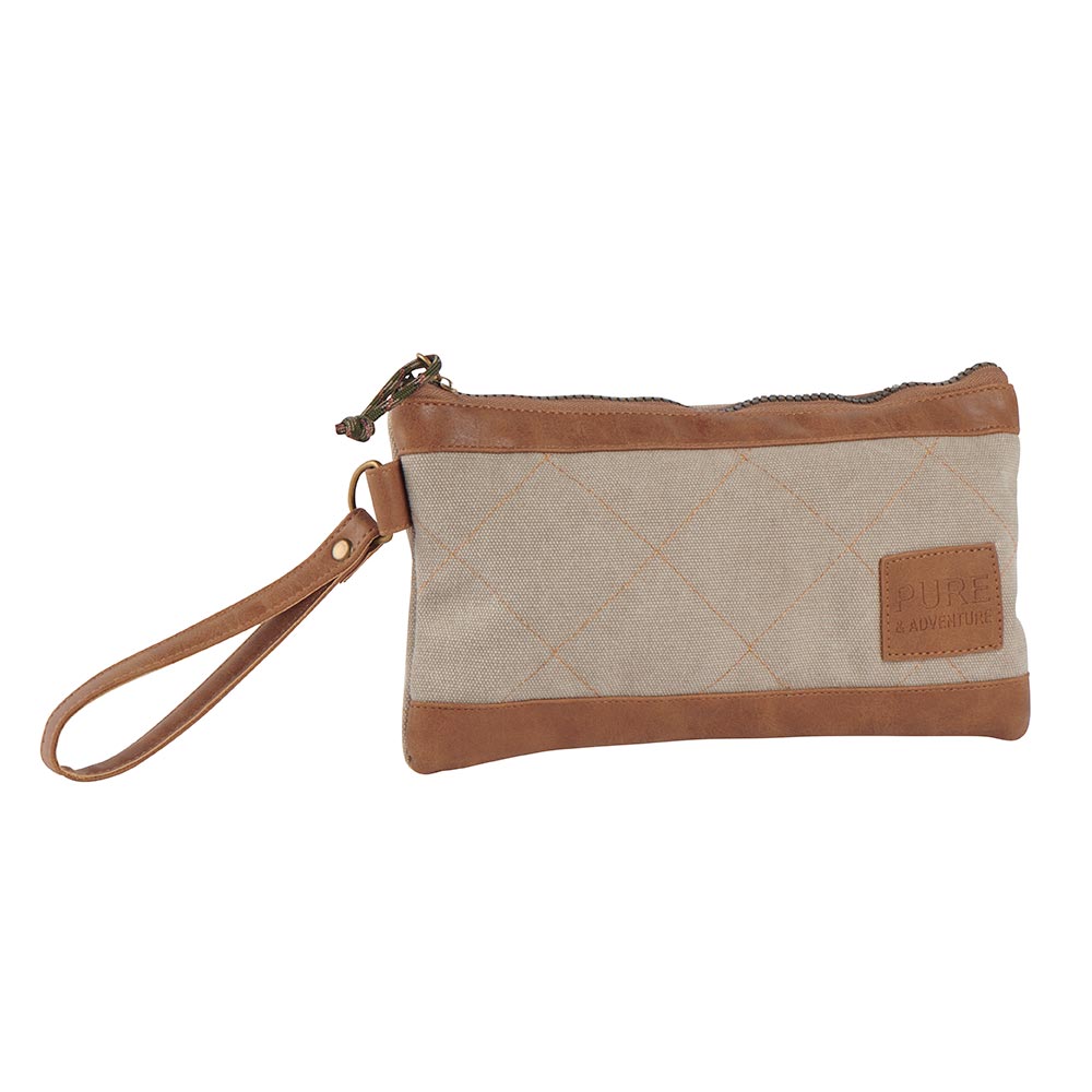 POCHETTE ZIPPE TOILE BI-MATIERE BEIGE ET MARRON 24 X 14.5 CM - Photo N°1