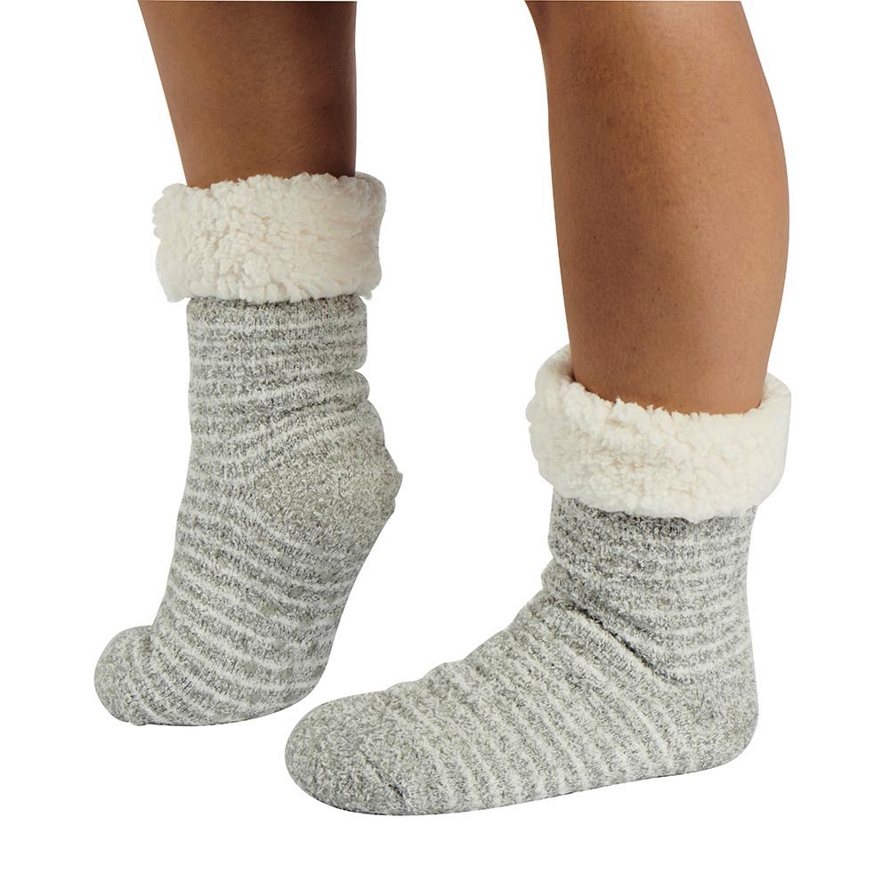 CHAUSSETTES FEMME SEMELLES ANTI DERAPANTES GRISE A RAYURES 35-42 - Photo N°1