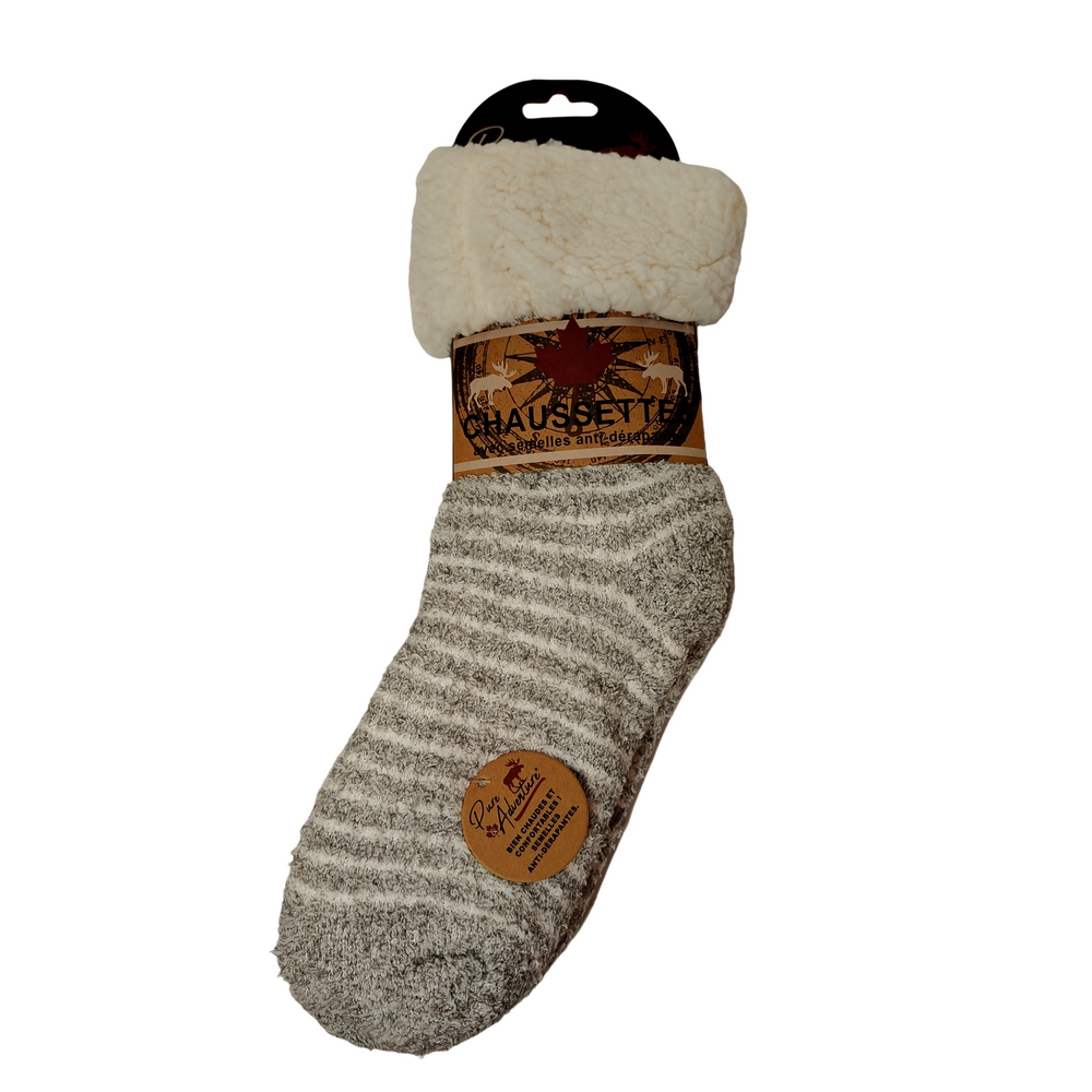 CHAUSSETTES FEMME SEMELLES ANTI DERAPANTES GRISE A RAYURES 35-42 - Photo N°4