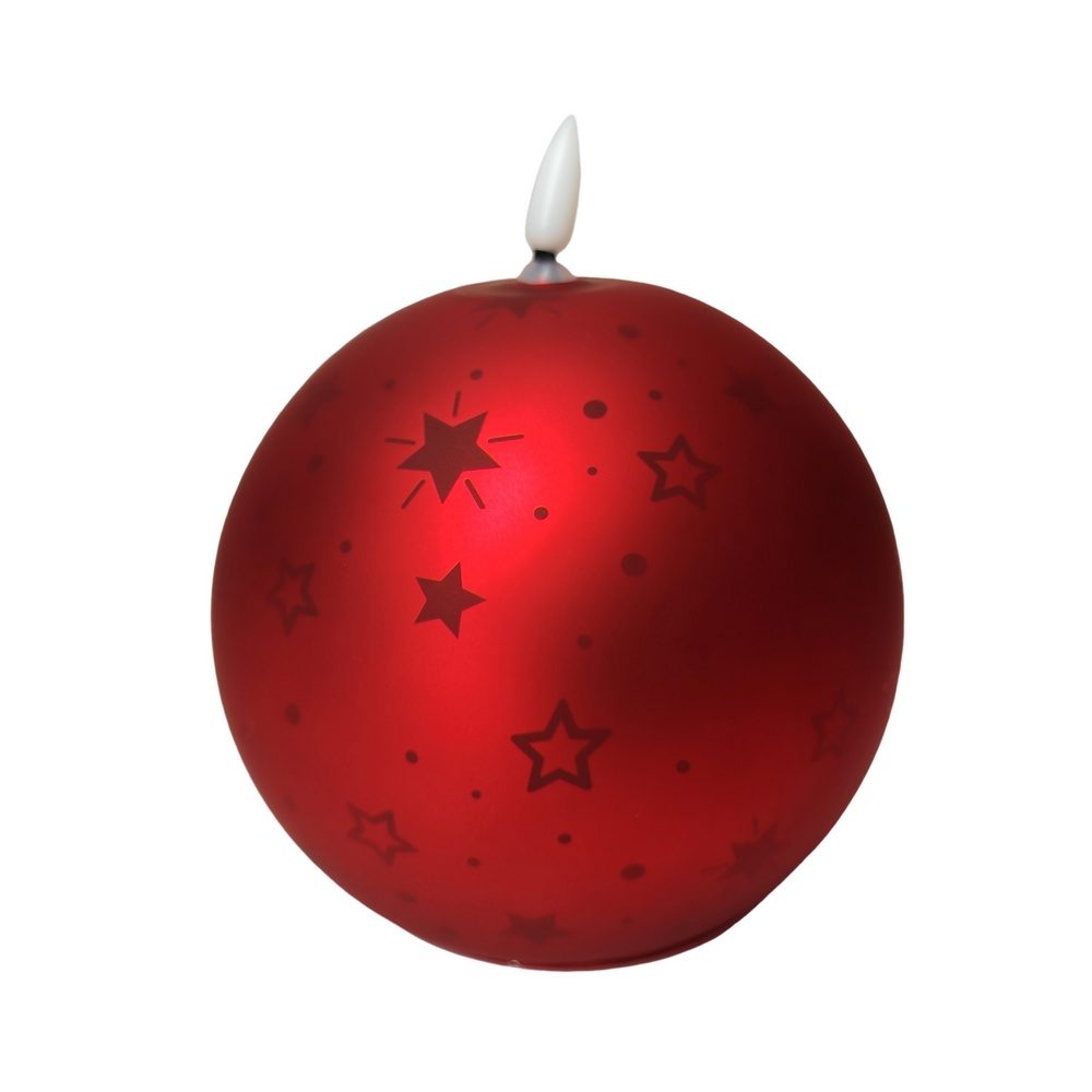 BOUGIE LED BOULE ROUGE EN VERRE DECOR ETOILES 12 X 13.5 X 12 CM - Photo N°2