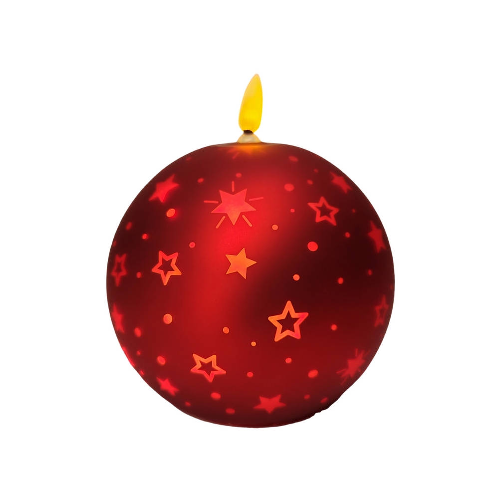 BOUGIE LED BOULE ROUGE EN VERRE DECOR ETOILES 12 X 13.5 X 12 CM - Photo N°1