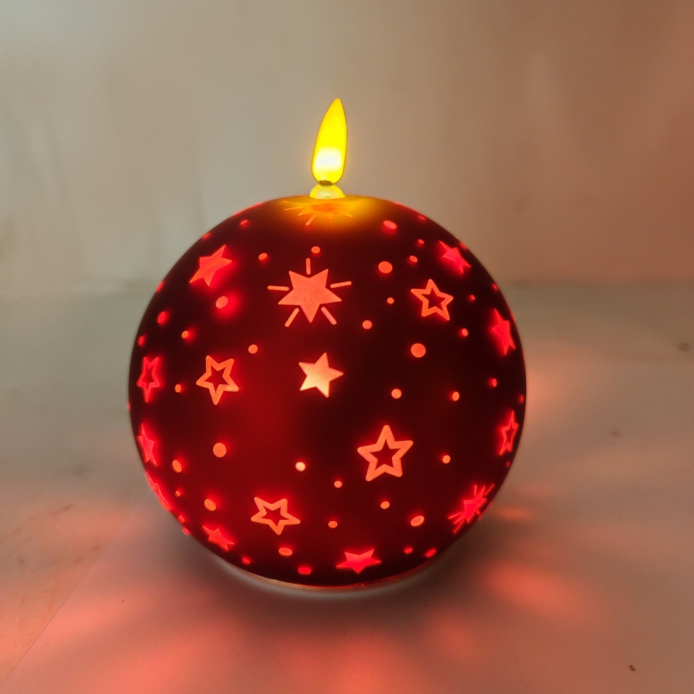 BOUGIE LED BOULE ROUGE EN VERRE DECOR ETOILES 12 X 13.5 X 12 CM - Photo N°4