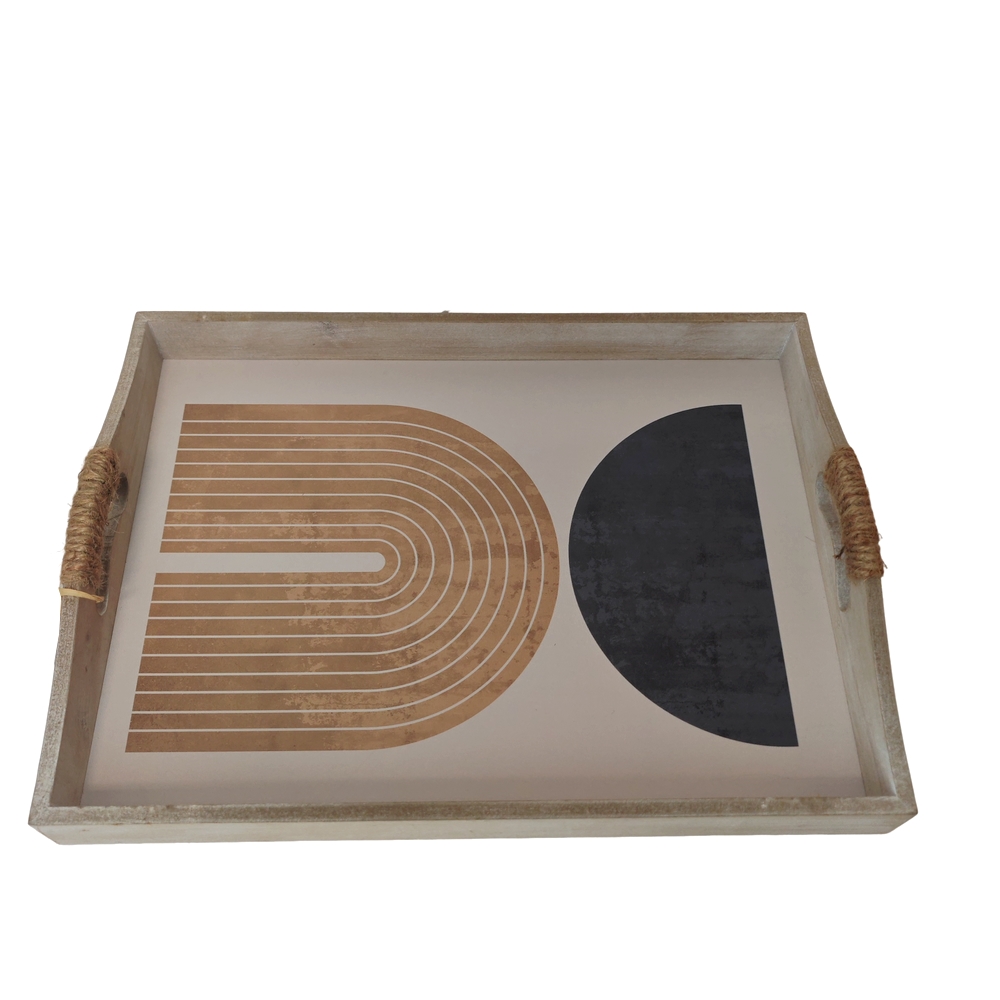 PLATEAU RECTANGULAIRE MODERNE BLEU ET SABLE ANSES CORDE  40.6 X 30 X 6 CM - Photo N°1