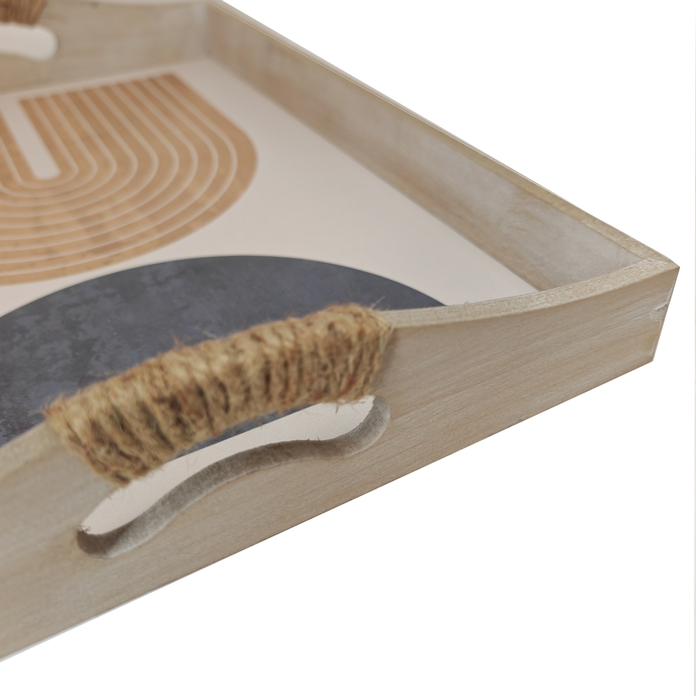 PLATEAU RECTANGULAIRE MODERNE BLEU ET SABLE ANSES CORDE  40.6 X 30 X 6 CM - Photo N°2