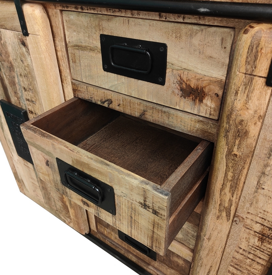 DRESSOIR EN MANGUIER MASSIF ET METAL 2 PORTES COUL 7 TIROIRS 150 X 90 X 40 CM - Photo N°2