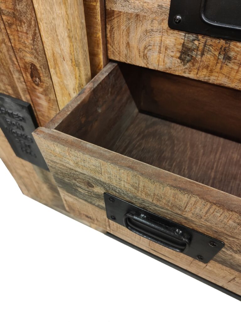 DRESSOIR EN MANGUIER MASSIF ET METAL 2 PORTES COUL 7 TIROIRS 150 X 90 X 40 CM - Photo N°5