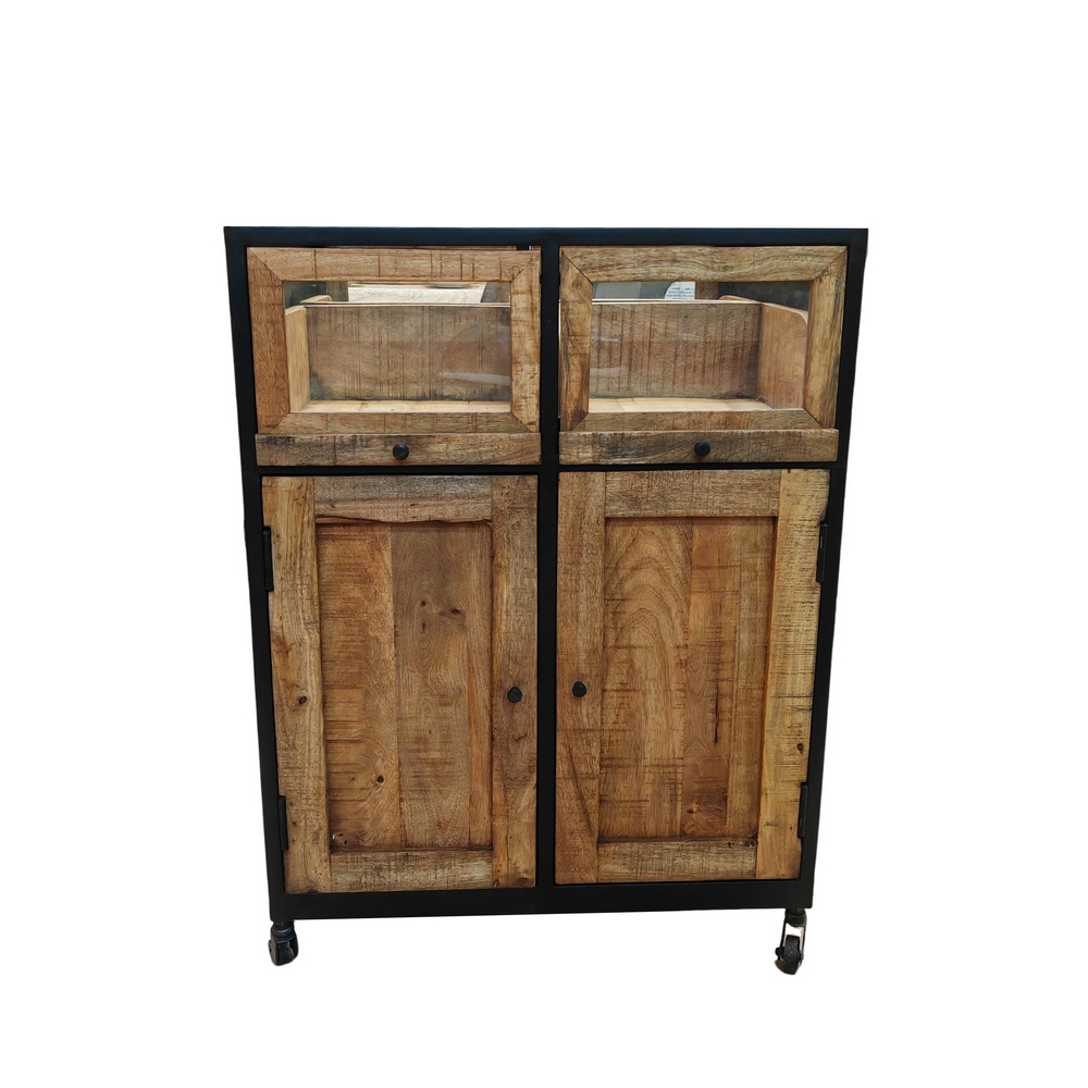 VITRINE DOUBLE FACE EN MANGUIER 4 PORTES 4 TIROIRS DESSUS VITRE 83 X 90 X 103 CM - Photo N°11