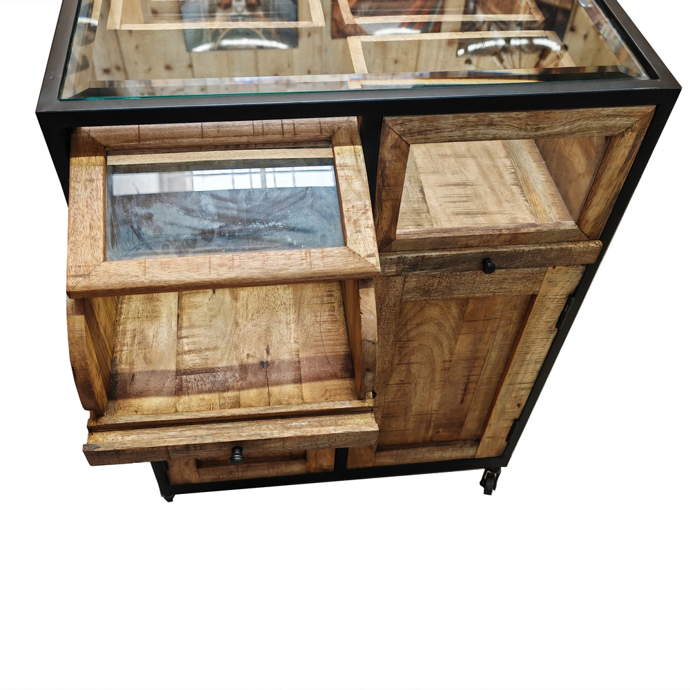 VITRINE DOUBLE FACE EN MANGUIER 4 PORTES 4 TIROIRS DESSUS VITRE 83 X 90 X 103 CM - Photo N°8