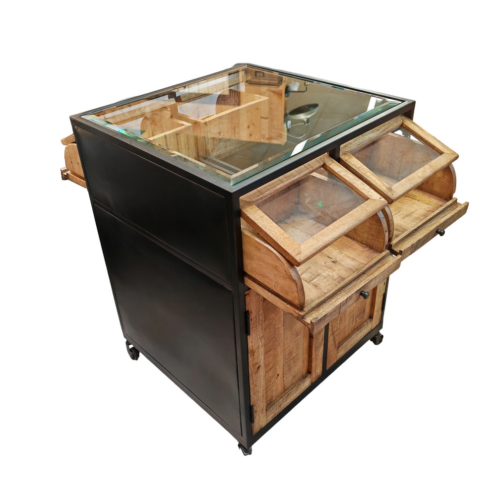 VITRINE DOUBLE FACE EN MANGUIER 4 PORTES 4 TIROIRS DESSUS VITRE 83 X 90 X 103 CM - Photo N°4