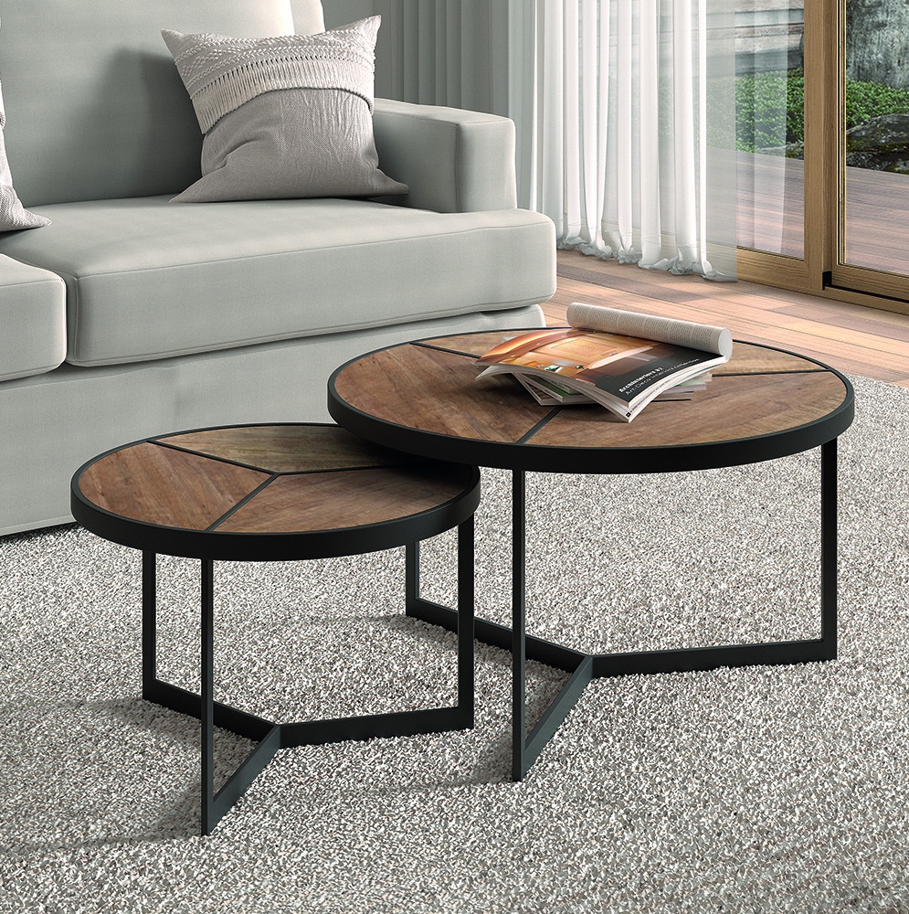 SET DE 2 TABLES GIGOGNES LAVEU RONDES BOIS ET METAL 70 x 40 - 50 x 32 CM - Photo N°1