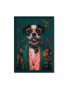 CADRE CHIEN HUMANISE SUR FOND BOIS PEINTURE REPRIS A LA MAIN 70 X 100 X 3 CM