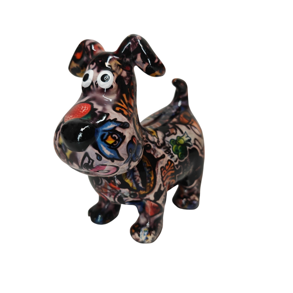 TIRELIRE CHIEN HUGO POMME PIDOU NOIRE ET TAGS - Photo N°1