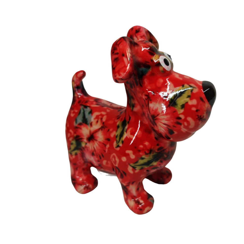 TIRELIRE CHIEN HUGO POMME PIDOU ROUGE ET FLEURS - Photo N°2